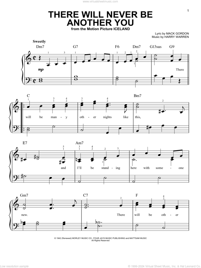 There Will Never Be Another You sheet music for piano solo by Nat King Cole, Frank Sinatra, Harry Warren and Mack Gordon, easy skill level