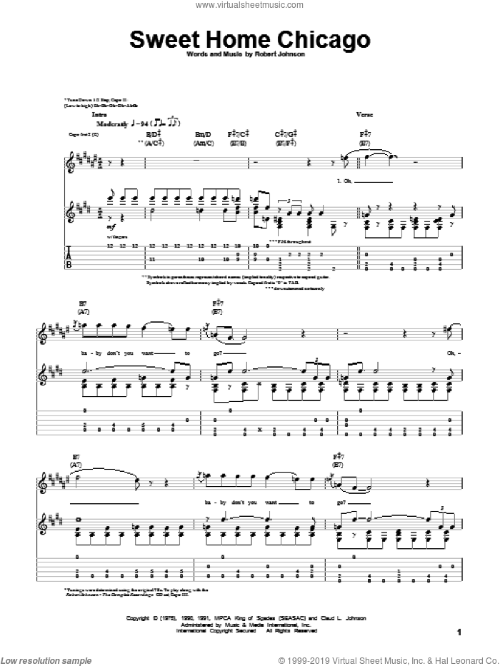 Sweet Home Chicago sheet music for guitar (tablature) by Robert Johnson, Blues Brothers and Freddie King, intermediate skill level