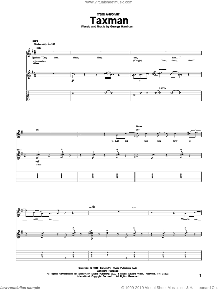 Taxman sheet music for guitar (tablature) by The Beatles and George Harrison, intermediate skill level