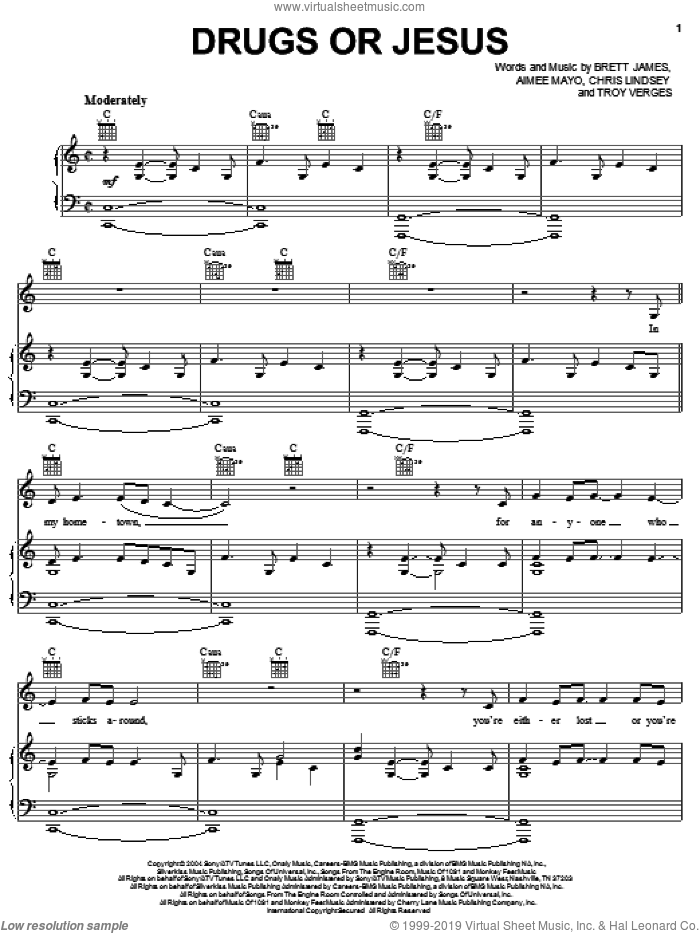 Drugs Or Jesus sheet music for voice, piano or guitar by Tim McGraw, Aimee Mayo, Brett James, Chris Lindsey and Troy Verges, intermediate skill level