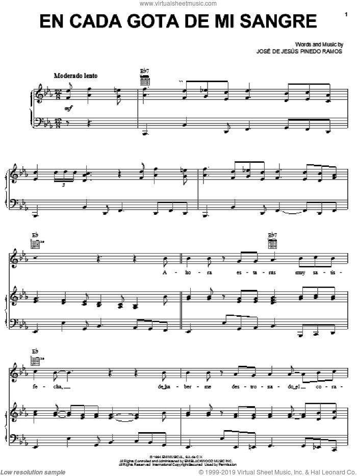 En Cada Gota De Mi Sangre sheet music for voice, piano or guitar by Conjunto Primavera and Jose de Jesus Pinedo Ramos, intermediate skill level
