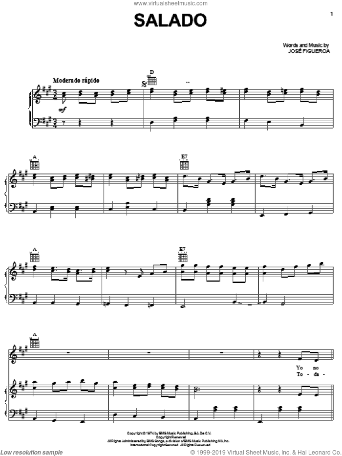 Salado sheet music for voice, piano or guitar by Pepe Aguilar and Jose Figueroa, intermediate skill level