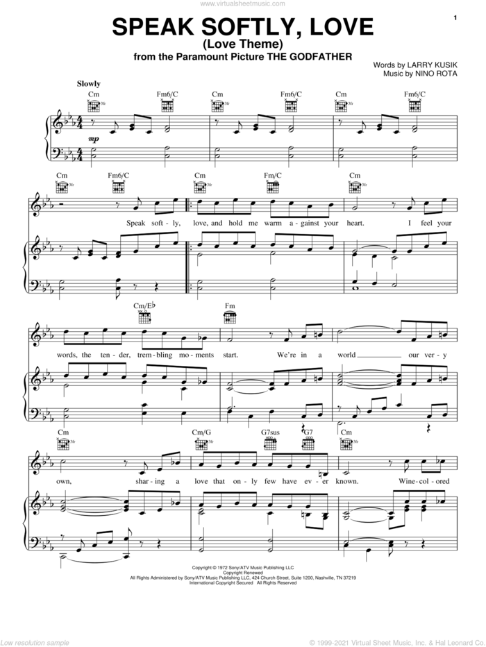 Speak Softly, Love (Love Theme) sheet music for voice, piano or guitar by Andy Williams, Larry Kusik and Nino Rota, intermediate skill level