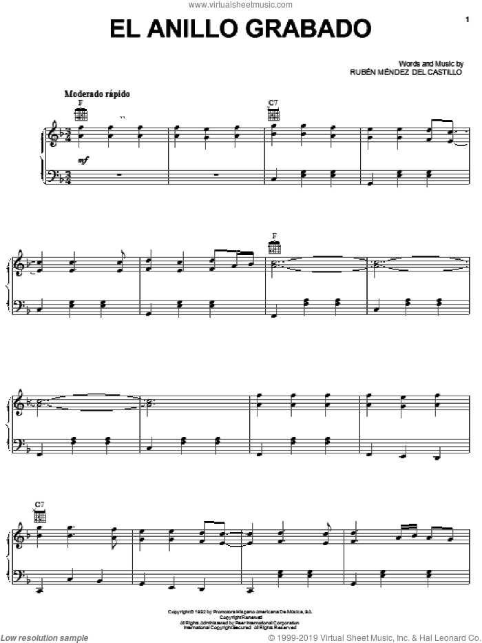 El Anillo Grabado sheet music for voice, piano or guitar by Tirano Del Norte and Ruben Mendez Del Castillo, intermediate skill level