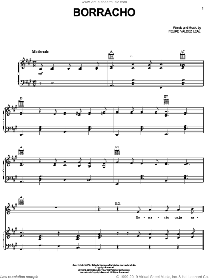 Borracho sheet music for voice, piano or guitar by Conjunto Primavera, Javier Solis and Felipe Valdez Leal, intermediate skill level