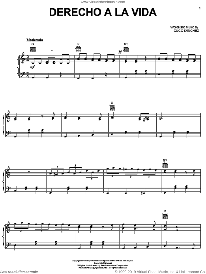 Derecho A La Vida sheet music for voice, piano or guitar by Conjunto Primavera and Cuco Sanchez, intermediate skill level