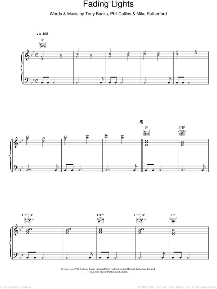 Fading Lights sheet music for voice, piano or guitar by Genesis, Mike Rutherford, Phil Collins and Tony Banks, intermediate skill level