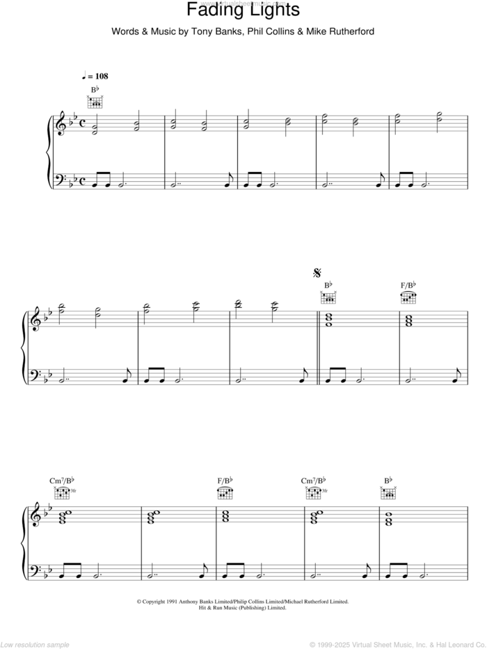 Fading Lights sheet music for voice, piano or guitar by Genesis, Mike Rutherford, Phil Collins and Tony Banks, intermediate skill level