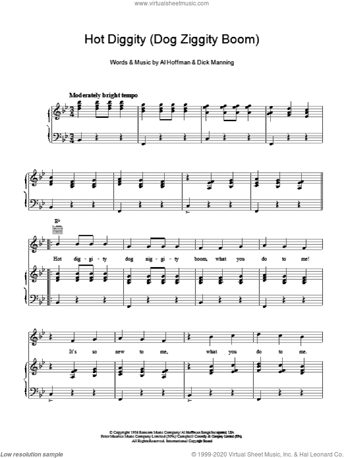 Hot Diggity (Dog Ziggity Boom) sheet music for voice, piano or guitar by Perry Como, Al Hoffman and Dick Manning, intermediate skill level