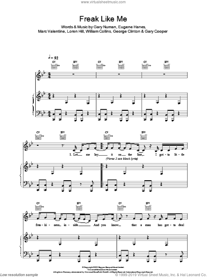 Freak Like Me sheet music for voice and piano by Sugababes, Eugene Hanes, Gary Cooper, Gary Numan, George Clinton, Loren Hill, Marc Valentine and William Collins, intermediate skill level