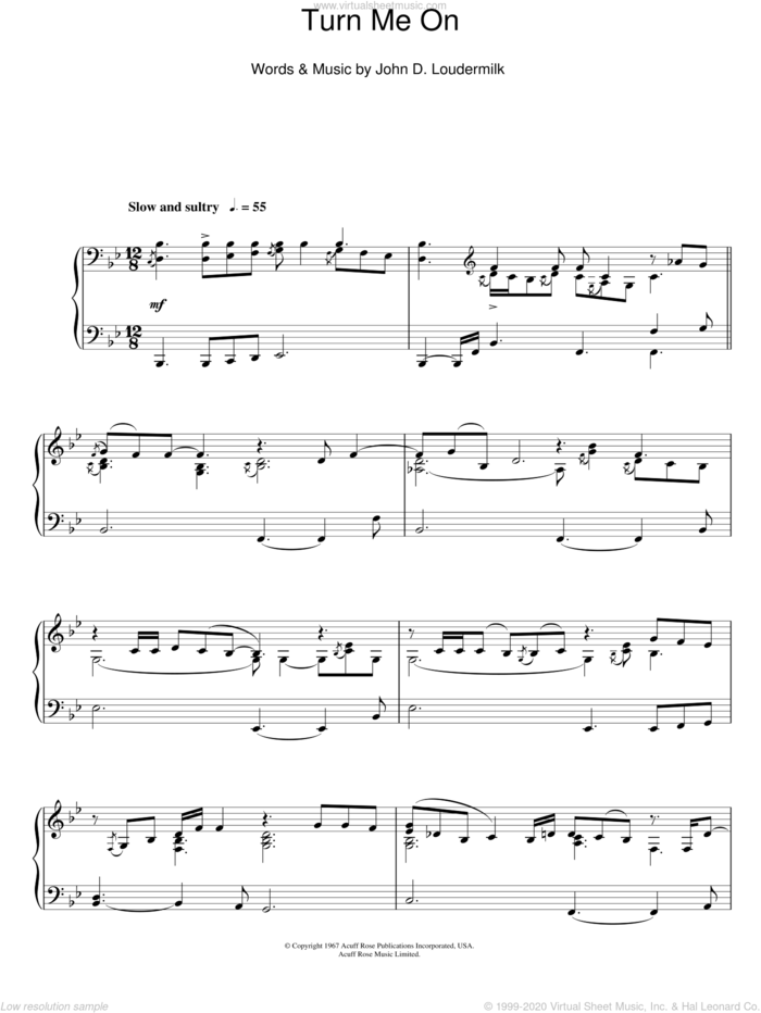 Turn Me On, (intermediate) sheet music for piano solo by Norah Jones and John D. Loudermilk, intermediate skill level