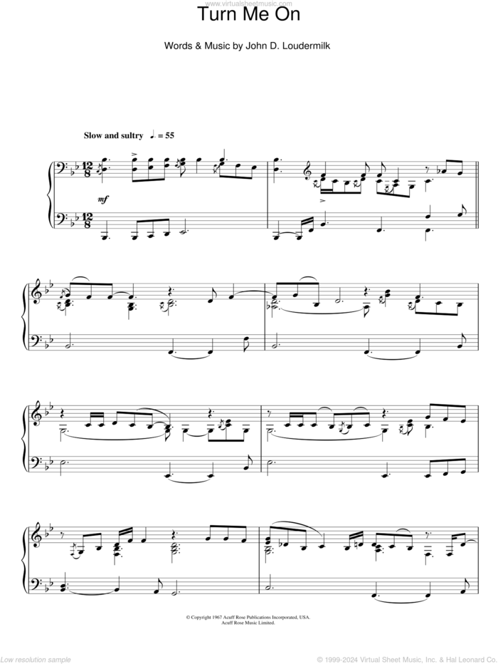 Turn Me On, (intermediate) sheet music for piano solo by Norah Jones and John D. Loudermilk, intermediate skill level