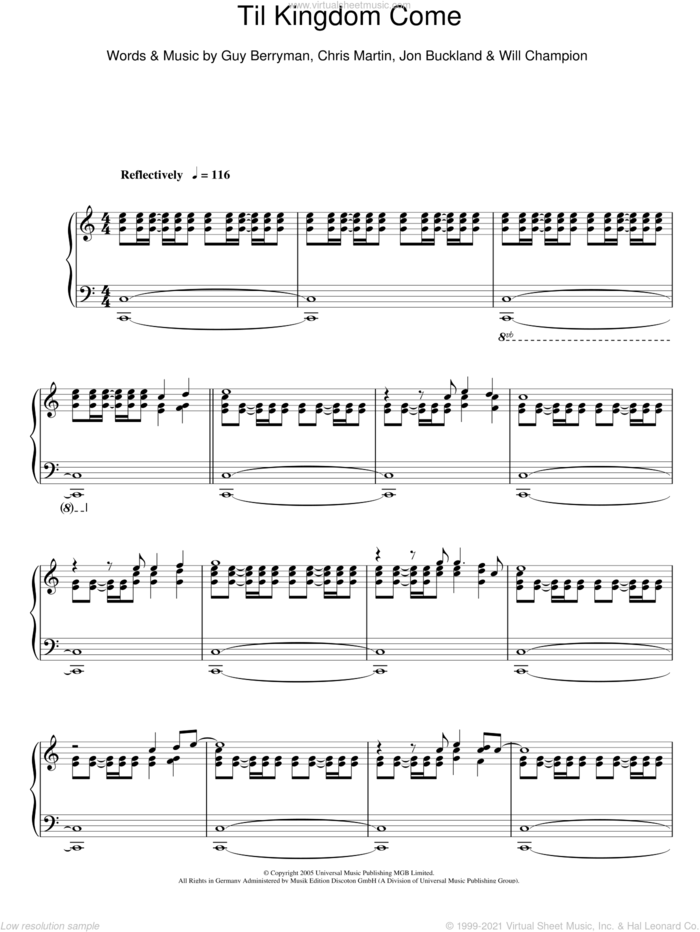 Til Kingdom Come, (intermediate) sheet music for piano solo by Coldplay, Chris Martin, Guy Berryman, Jon Buckland and Will Champion, intermediate skill level