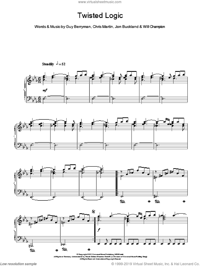 Twisted Logic, (intermediate) sheet music for piano solo by Coldplay, Chris Martin, Guy Berryman, Jon Buckland and Will Champion, intermediate skill level