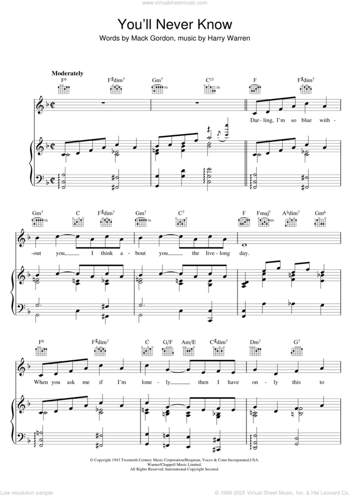 You'll Never Know sheet music for voice, piano or guitar by Mack Gordon and Harry Warren, intermediate skill level