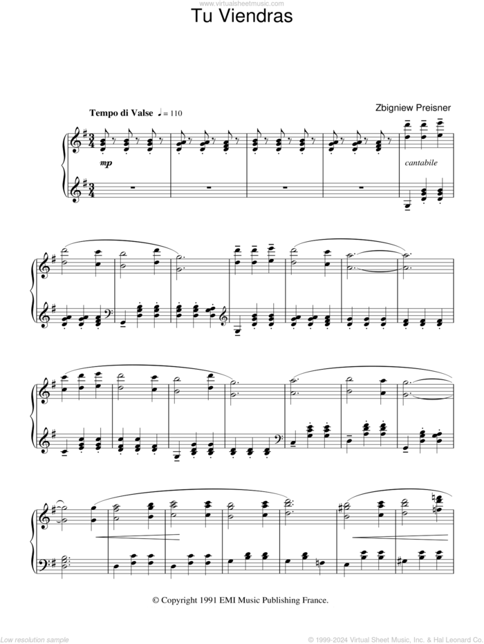 Tu Viendras (from La Double Vie De Veronique) sheet music for piano solo by Zbigniew Preisner, intermediate skill level