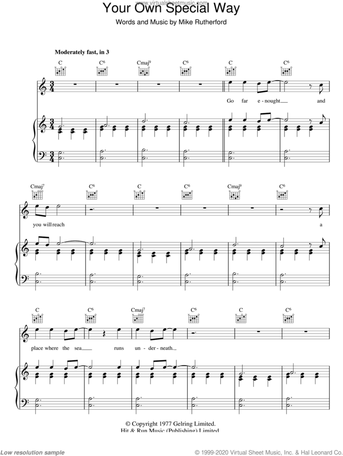 Your Own Special Way sheet music for voice, piano or guitar by Genesis and Mike Rutherford, intermediate skill level
