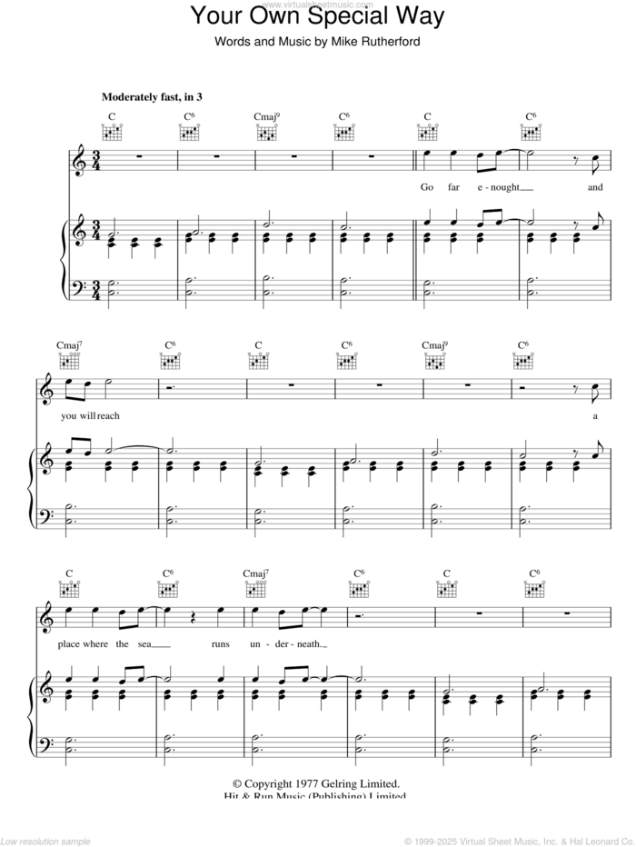 Your Own Special Way sheet music for voice, piano or guitar by Genesis and Mike Rutherford, intermediate skill level