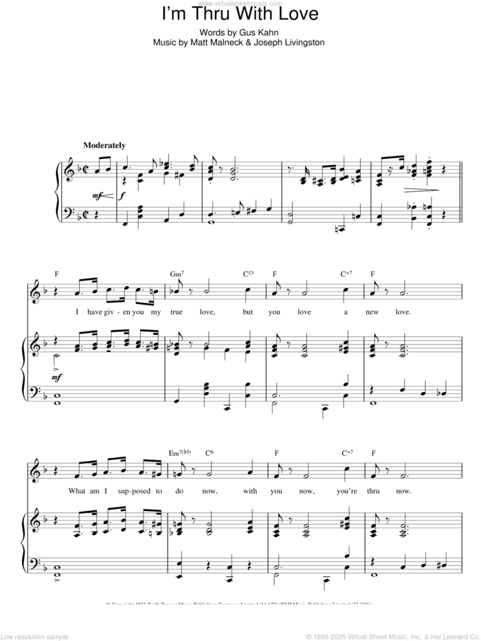 I'm Thru With Love sheet music for voice, piano or guitar by Tony Bennett, Marilyn Monroe, Gus Kahn, Joseph Livingston and Matt Malneck, intermediate skill level