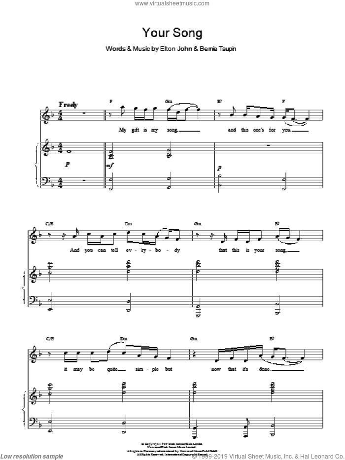 Your Song (from Moulin Rouge) sheet music for voice and piano by Ewan McGregor, Bernie Taupin and Elton John, wedding score, intermediate skill level