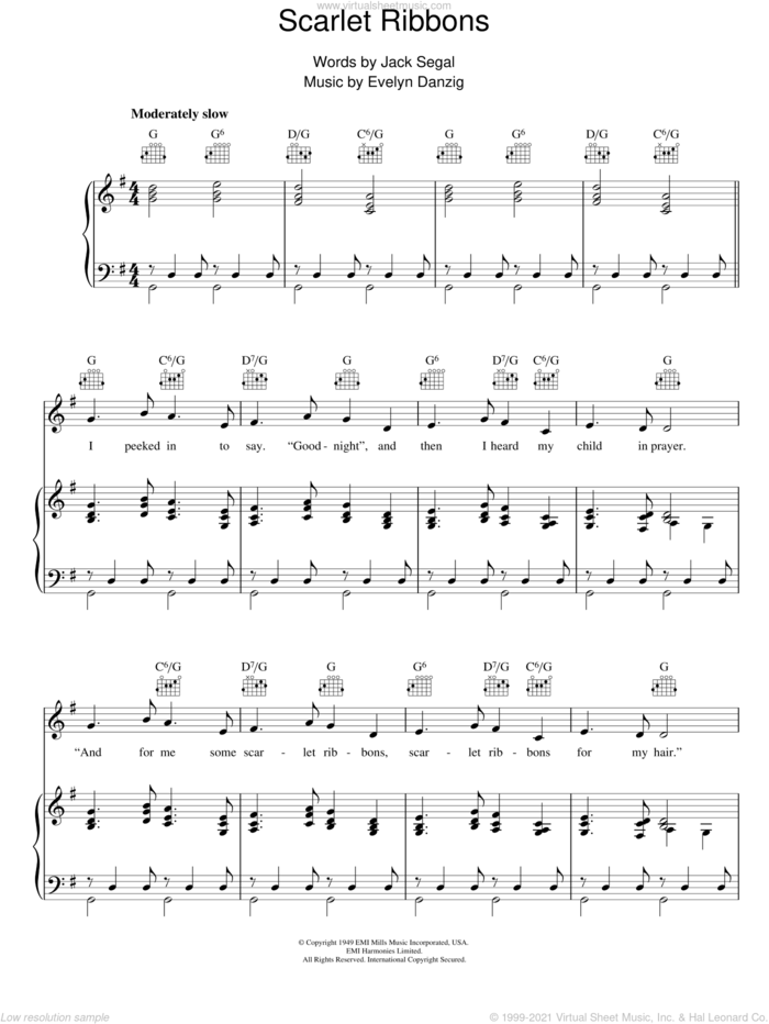 Scarlet Ribbons sheet music for voice, piano or guitar by Evelyn Danzig and Jack Segal, intermediate skill level