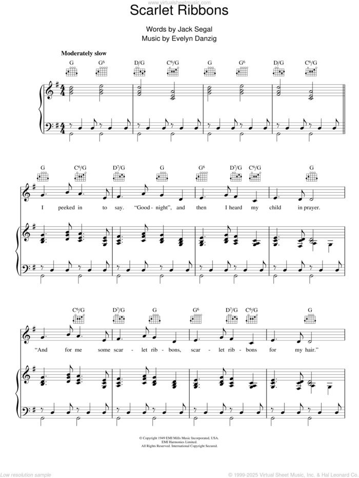 Scarlet Ribbons sheet music for voice, piano or guitar by Evelyn Danzig and Jack Segal, intermediate skill level