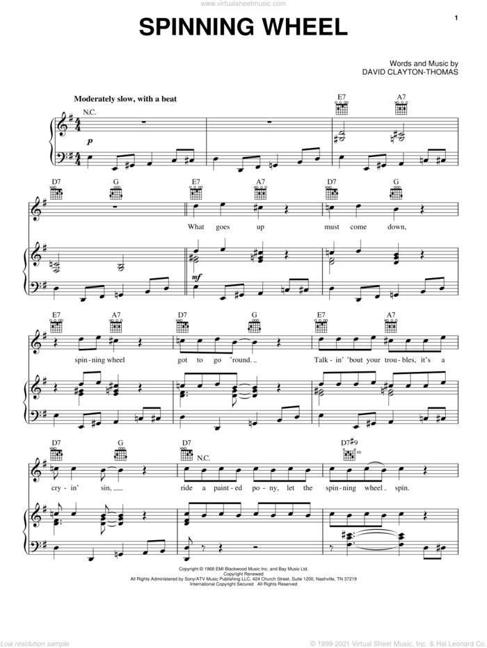Spinning Wheel sheet music for voice, piano or guitar by Blood, Sweat & Tears and David Clayton Thomas, intermediate skill level