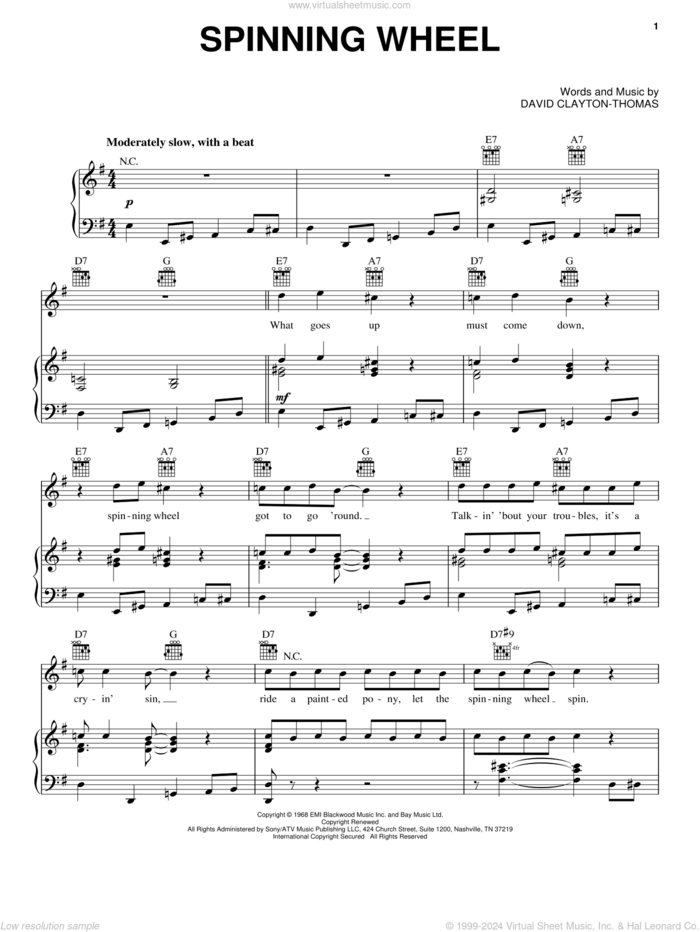 Spinning Wheel sheet music for voice, piano or guitar by Blood, Sweat & Tears and David Clayton Thomas, intermediate skill level