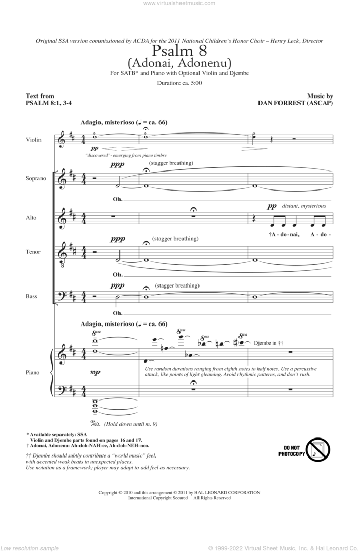 Psalm 8 (Adonai, Adonenu) sheet music for choir (SATB: soprano, alto, tenor, bass) by Dan Forrest and Henry Leck, intermediate skill level
