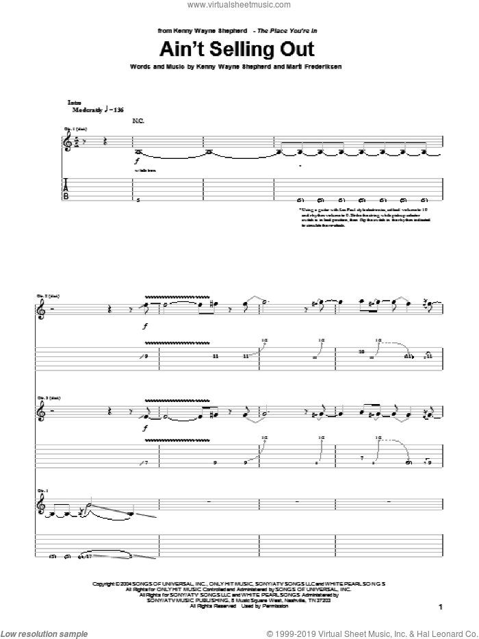Ain't Selling Out sheet music for guitar (tablature) by Kenny Wayne Shepherd and Marti Frederiksen, intermediate skill level