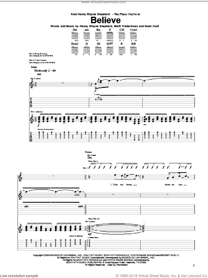 Believe sheet music for guitar (tablature) by Kenny Wayne Shepherd, Marti Frederiksen and Noah Hunt, intermediate skill level