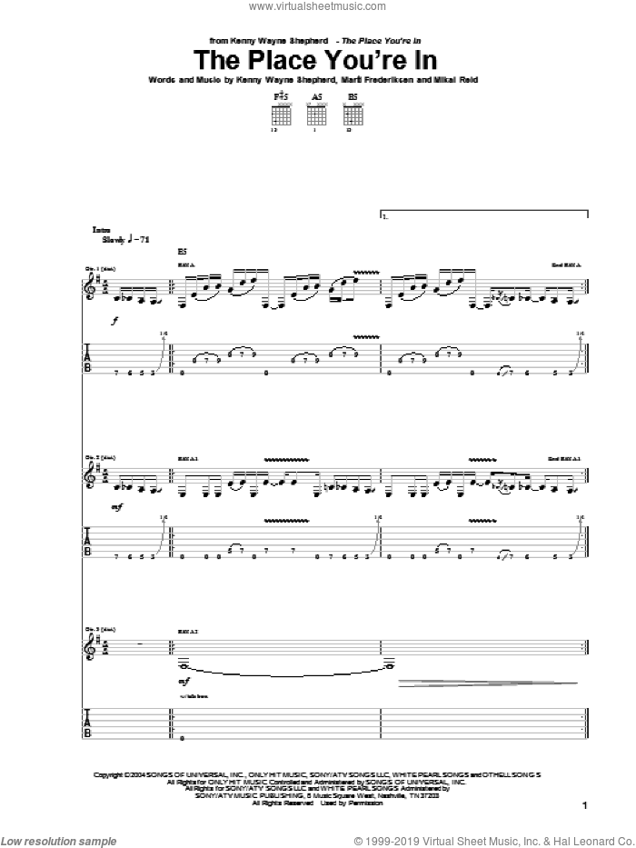 The Place You're In sheet music for guitar (tablature) by Kenny Wayne Shepherd, Marti Frederiksen and Mike Reid, intermediate skill level