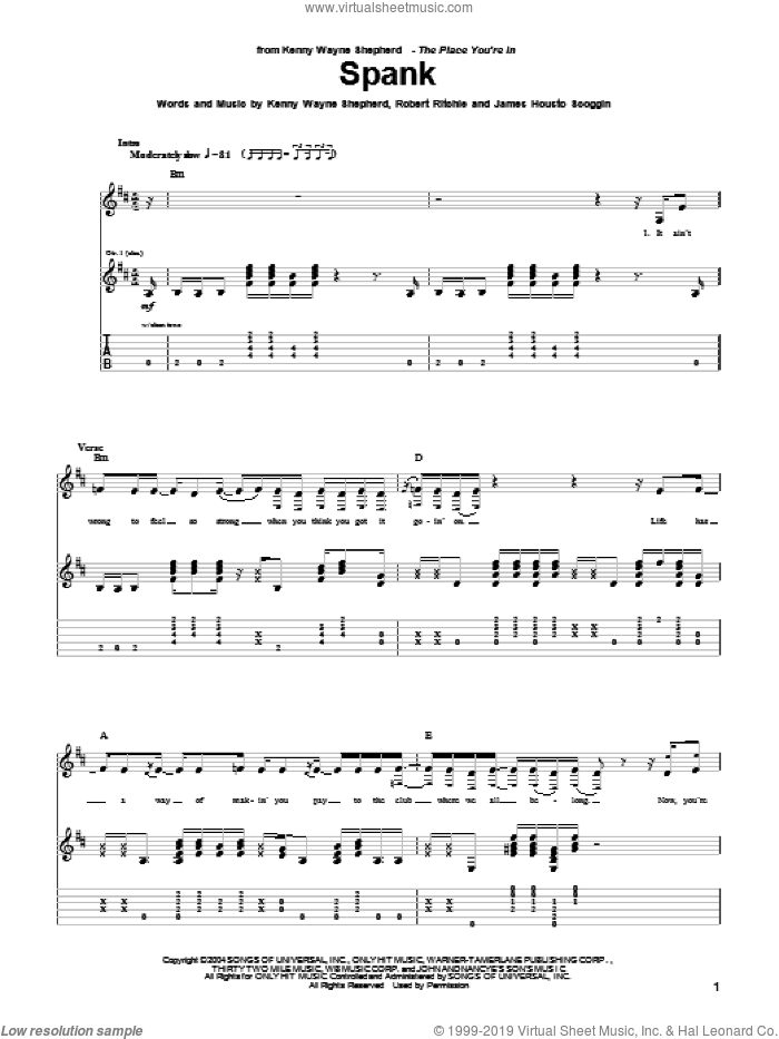 Spank sheet music for guitar (tablature) by Kenny Wayne Shepherd, James Housto Scoggin and Robert Ritchie, intermediate skill level