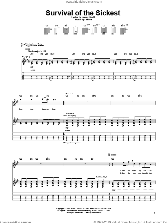 Survival Of The Sickest sheet music for guitar (tablature) by Saliva and Josey Scott, intermediate skill level