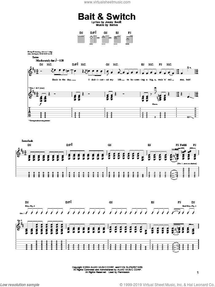 Bait and Switch sheet music for guitar (tablature) by Saliva and Josey Scott, intermediate skill level
