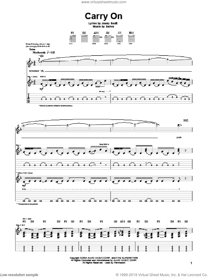 Carry On sheet music for guitar (tablature) by Saliva and Josey Scott, intermediate skill level