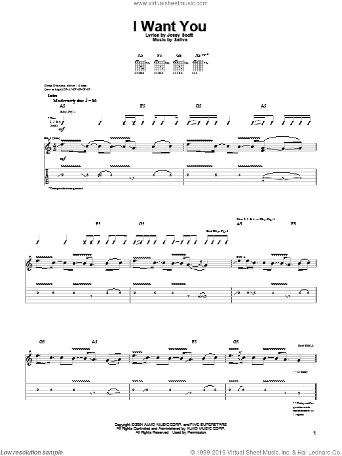 I Want You sheet music for guitar (tablature) by Saliva and Josey Scott, intermediate skill level