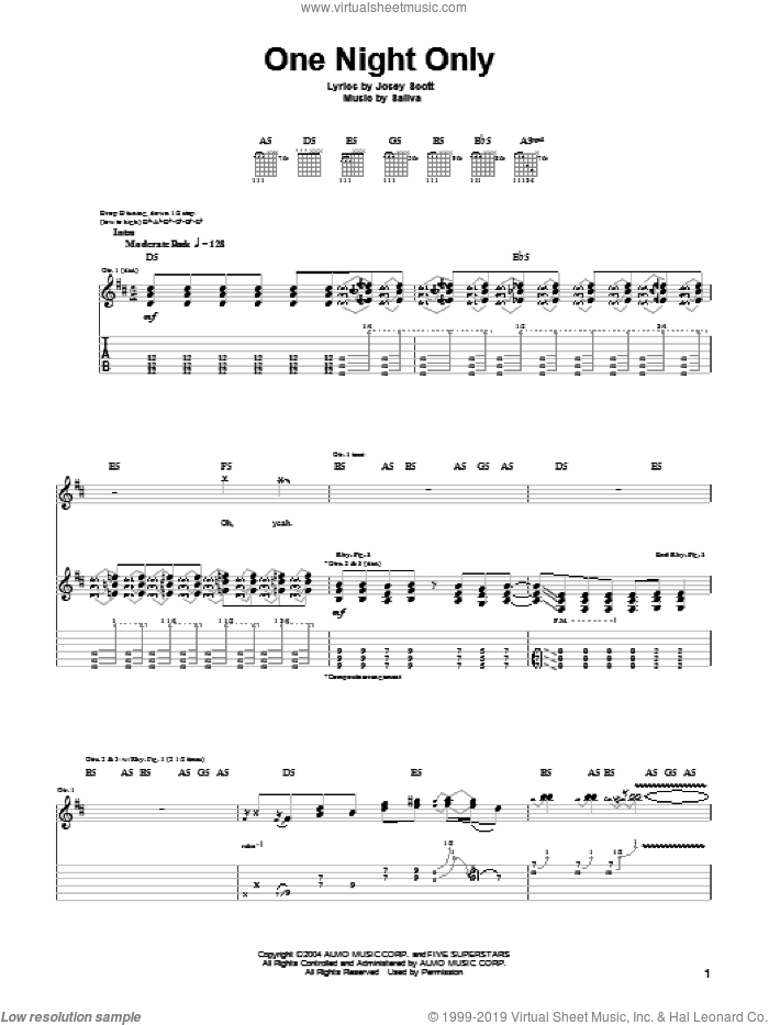One Night Only sheet music for guitar (tablature) by Saliva and Josey Scott, intermediate skill level