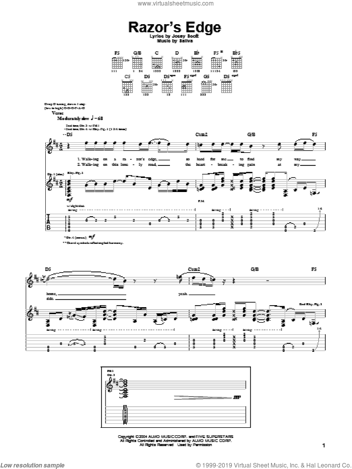 Razor's Edge sheet music for guitar (tablature) by Saliva and Josey Scott, intermediate skill level