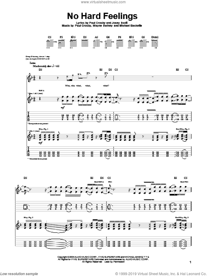 No Hard Feelings sheet music for guitar (tablature) by Saliva, Josey Scott, Michael Baskette, Paul Crosby and Wayne Swinny, intermediate skill level
