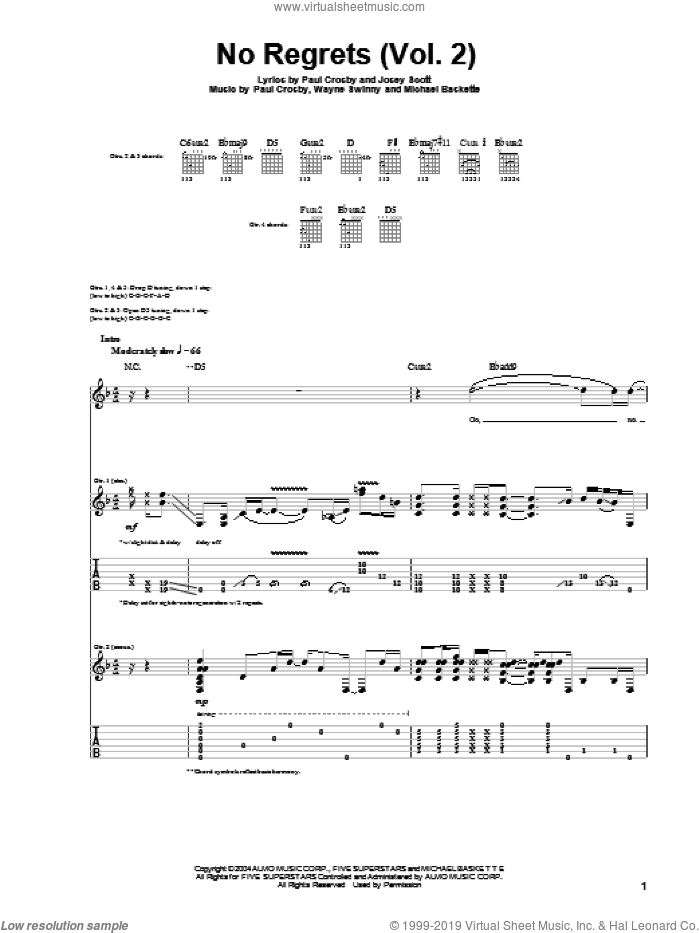 No Regrets (Vol. 2) sheet music for guitar (tablature) by Saliva, Josey Scott, Michael Baskette, Paul Crosby and Wayne Swinny, intermediate skill level