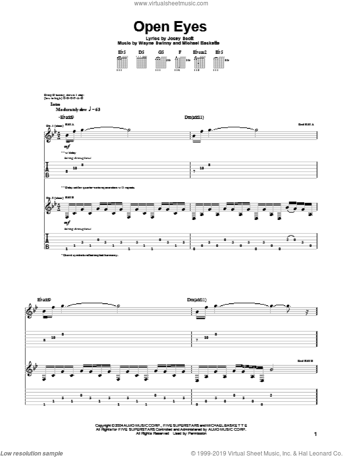 Open Eyes sheet music for guitar (tablature) by Saliva, Josey Scott, Michael Baskette and Wayne Swinny, intermediate skill level