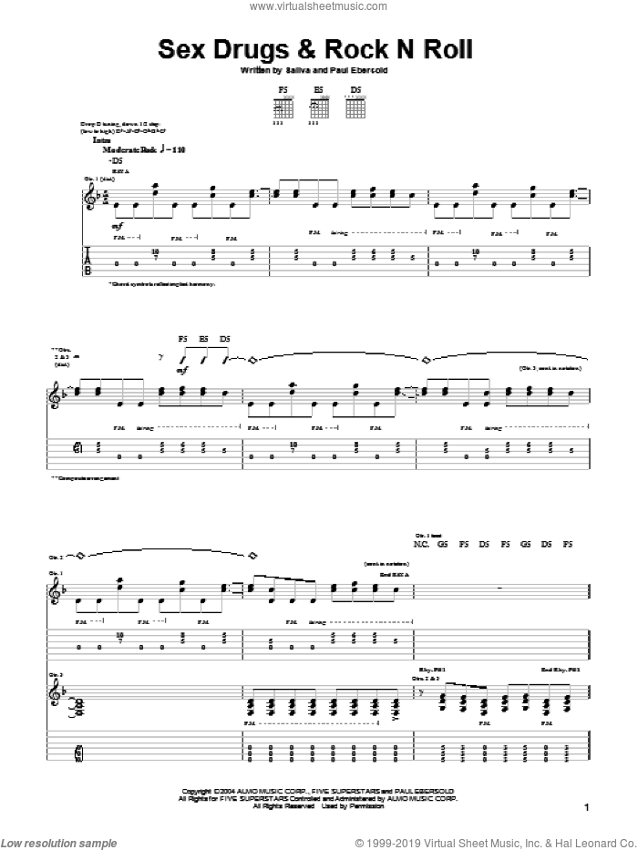Sex Drugs and Rock N Roll sheet music for guitar (tablature) by Saliva and Paul Ebersold, intermediate skill level