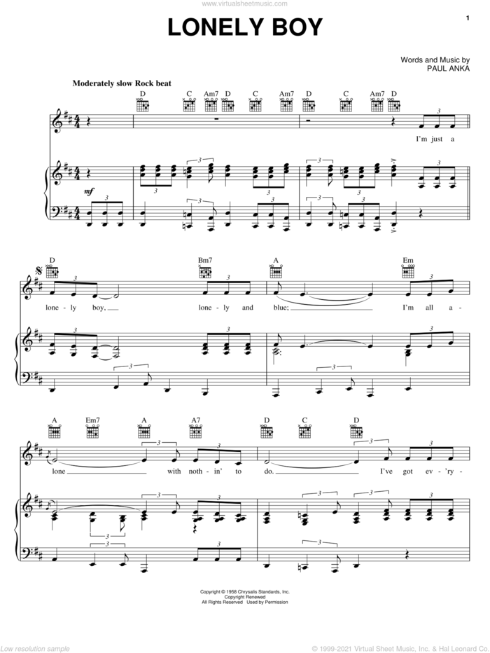 Lonely Boy sheet music for voice, piano or guitar by Paul Anka, intermediate skill level