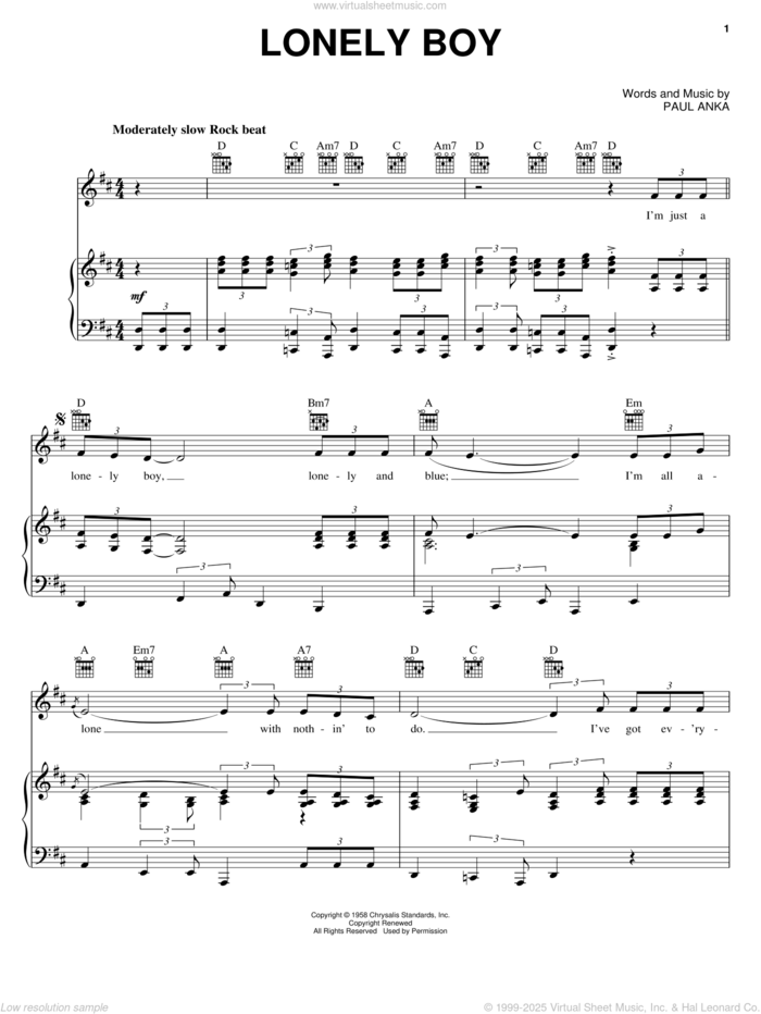 Lonely Boy sheet music for voice, piano or guitar by Paul Anka, intermediate skill level