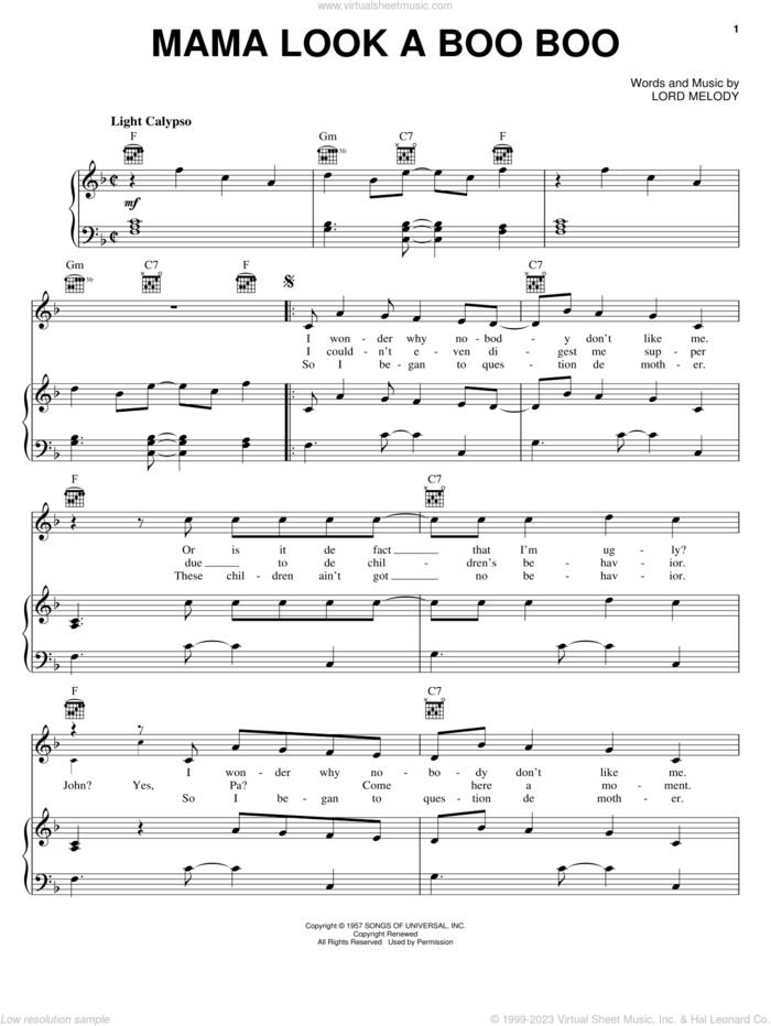 Mama Look A Boo Boo sheet music for voice, piano or guitar by Harry Belafonte and Miscellaneous, intermediate skill level