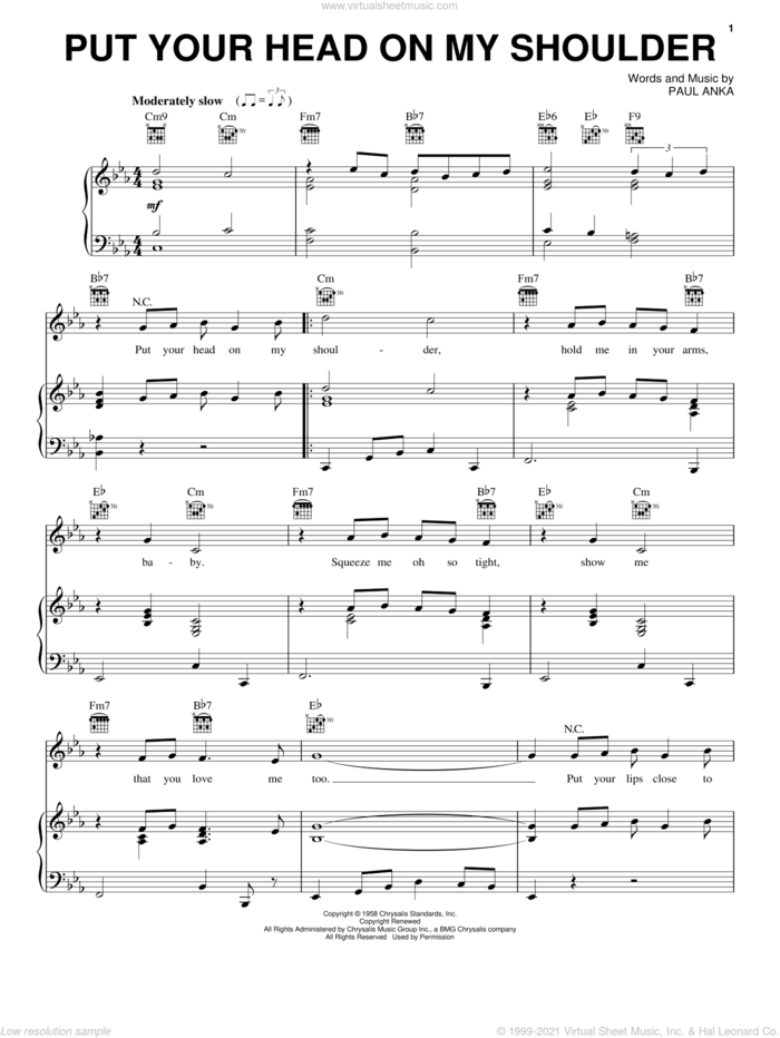 Put Your Head On My Shoulder sheet music for voice, piano or guitar by Paul Anka and The Lettermen, wedding score, intermediate skill level