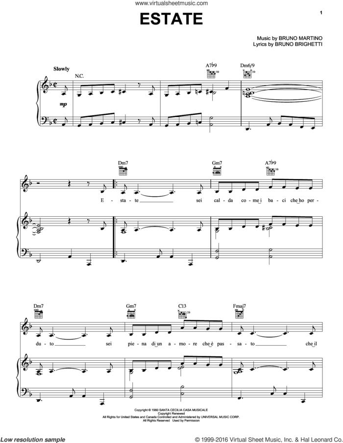 Estate sheet music for voice, piano or guitar by Bruno Martino and Bruno Brighetti, intermediate skill level