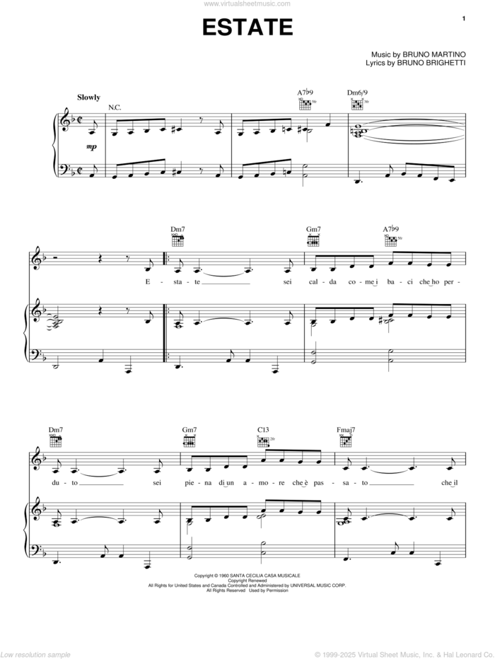 Estate sheet music for voice, piano or guitar by Bruno Martino and Bruno Brighetti, intermediate skill level