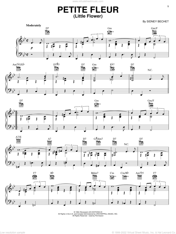 Petite Fleur (Little Flower) sheet music for piano solo by Sidney Bechet, intermediate skill level
